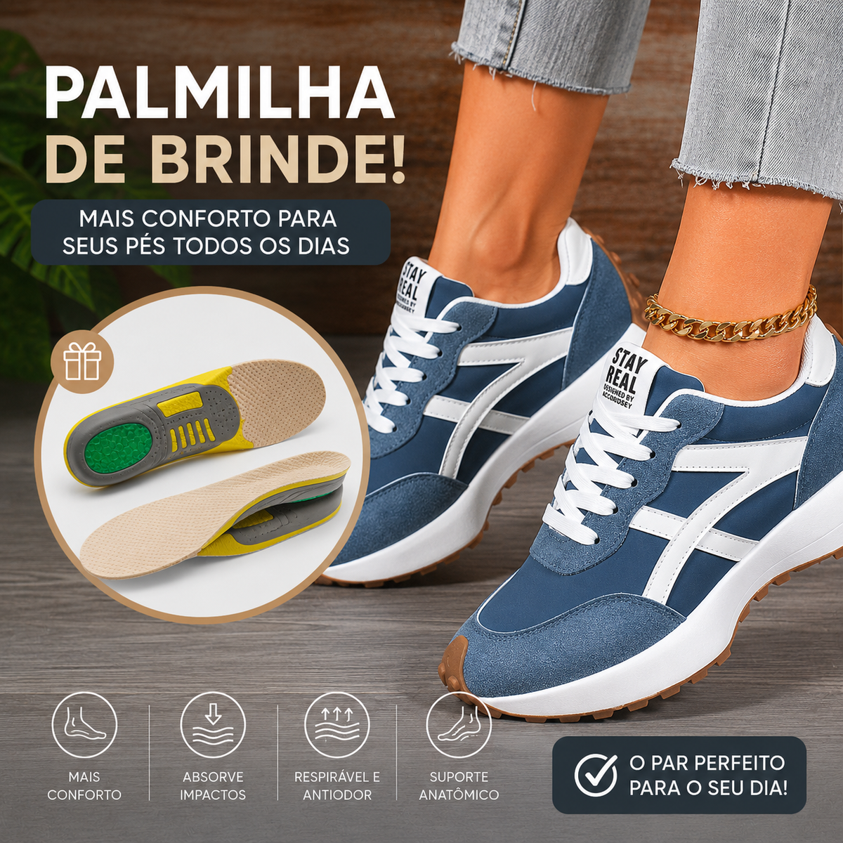 Tênis Casual Feminino Confortável Stay + Palmilha de Brinde