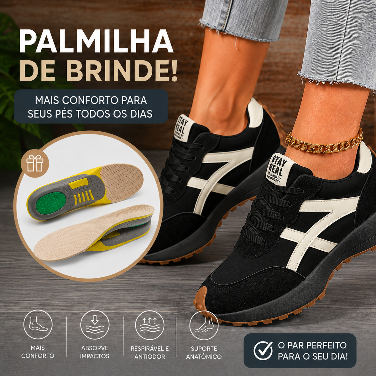 Tênis Casual Feminino Confortável Stay + Palmilha de Brinde