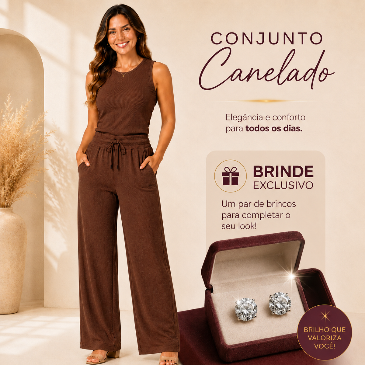 Conjunto Feminino Canelado Confortável Mirella + Par de Brincos de Brinde