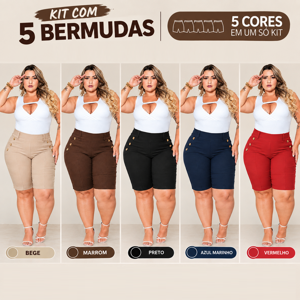 Kit 5 Bermudas Femininas Social Cintura Alta Bengaline – Movety