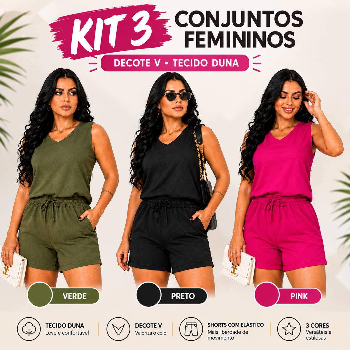 Kit 3 Conjuntos Femininos com Decote V em Tecido Duna - Anne