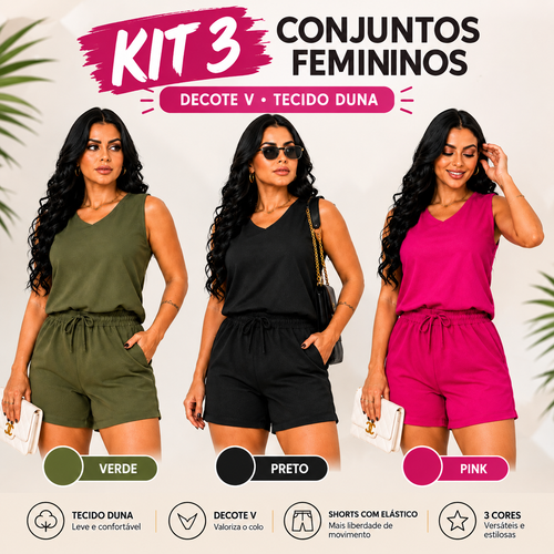 Kit 3 Conjuntos Femininos com Decote V em Tecido Duna - Anne
