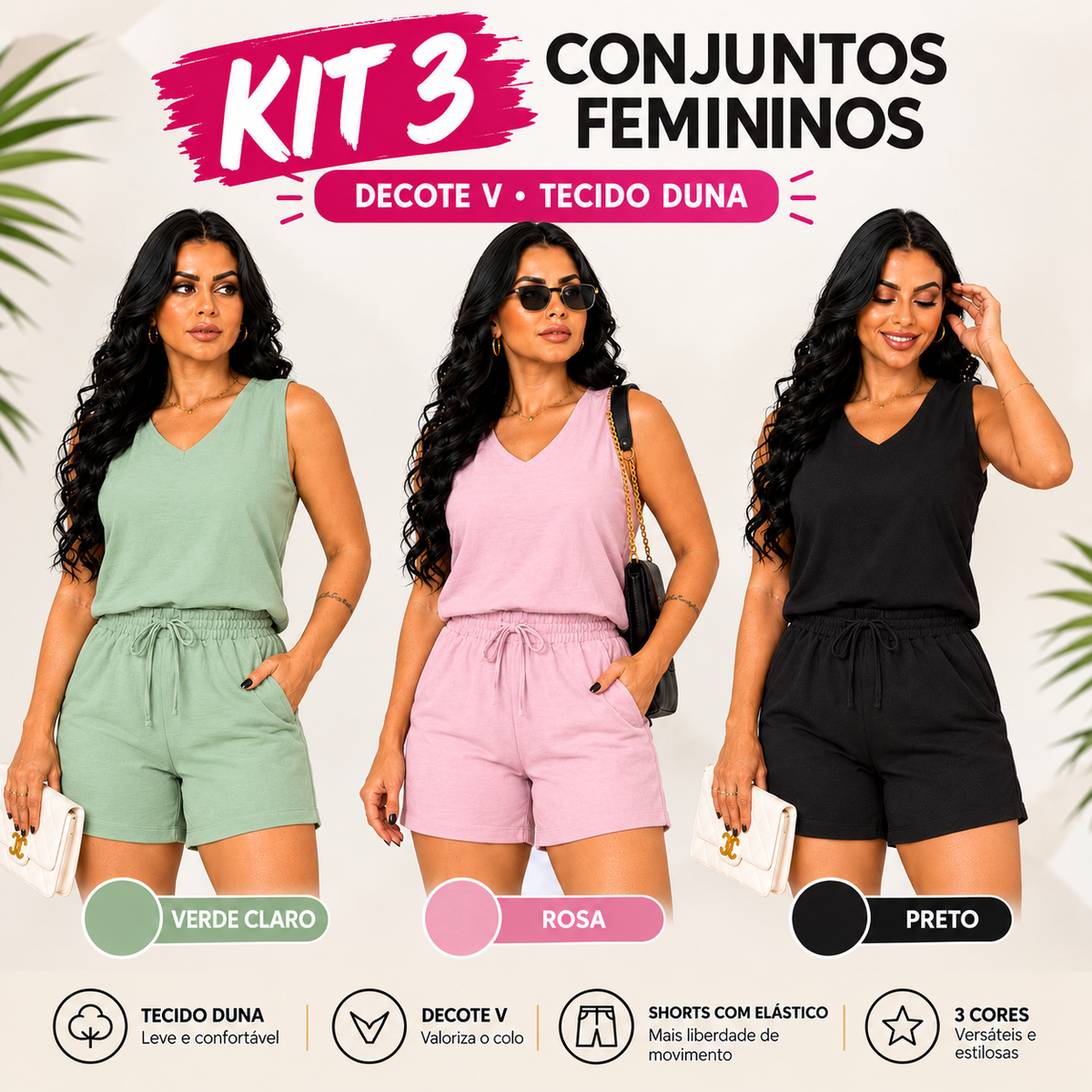 Kit 3 Conjuntos Femininos com Decote V em Tecido Duna - Anne